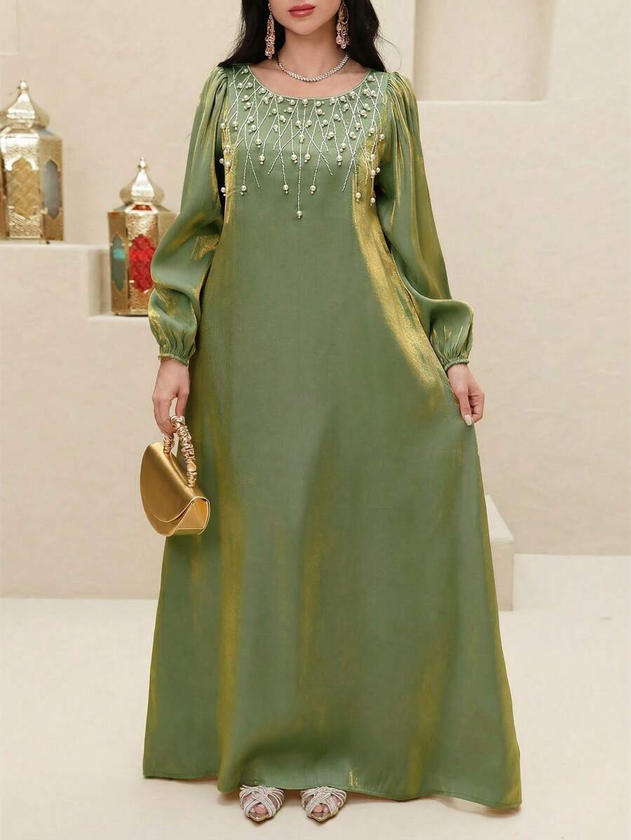 SHEIN Najma Đầm kiểu Ả Rập thanh lịch đính ngọc trai dành cho nữ