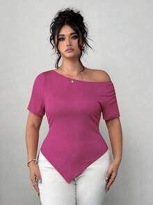 Elenzga Plus Size Women's Summer Asymmetric Shoulder Ruched Asymmetrical Hem Elegant Chic Commute Short Sleeve T-Shirt - Hot Pink - View 3