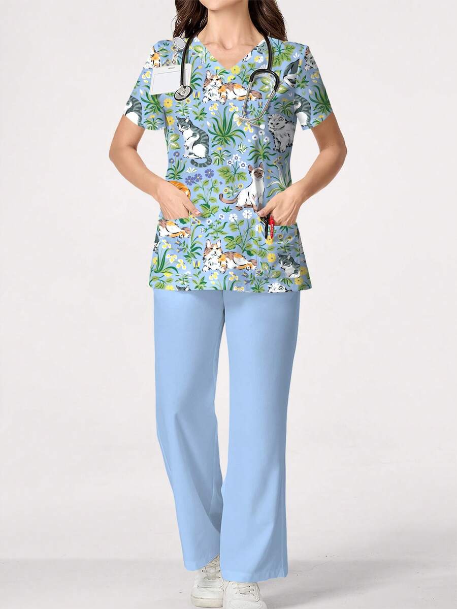 PopScrub Cute Cat & Plant Cartoon Print V-Neck Short Sleeve Pocket Nurse Scrub Uniform Set,Spring/Summer Light Blue Pants Suit For Schoolgirl,Work,2 Pieces - Multicolor - View 1