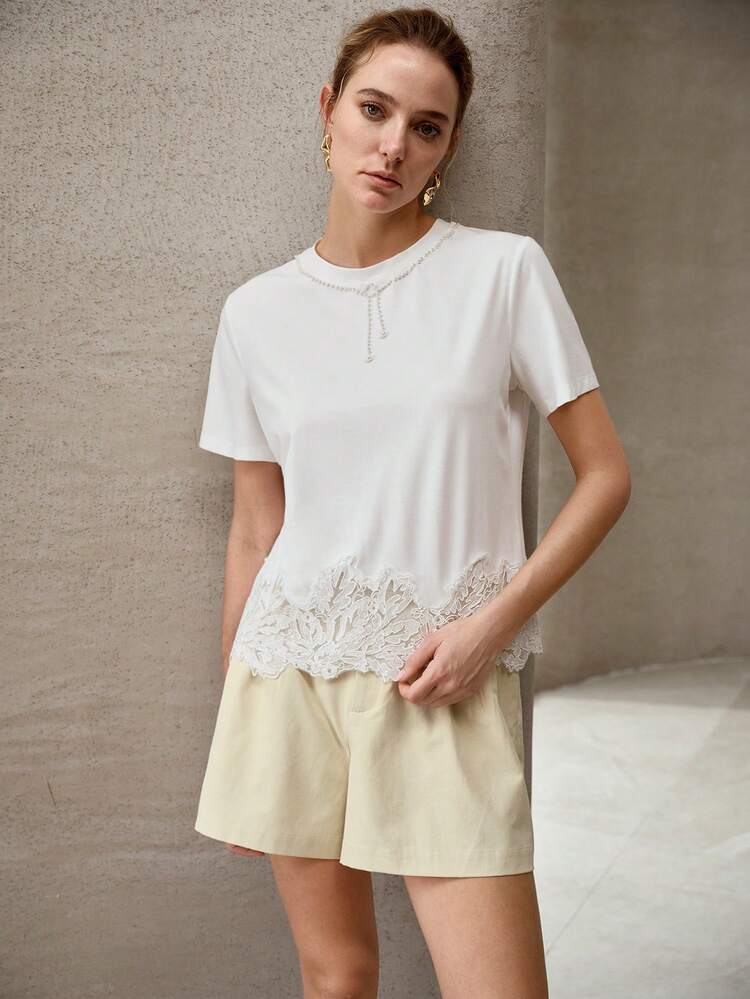 CONTRAST LACE FAUX PEARL DETAIL T-SHIRT