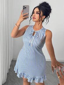 Elenzga 优雅女士蓝白条纹印花圆领无袖修身连衣裙，适合日常休闲穿着、购物、海滩度假，舒适的夏季连衣裙 - 藍白色 - 查看 4