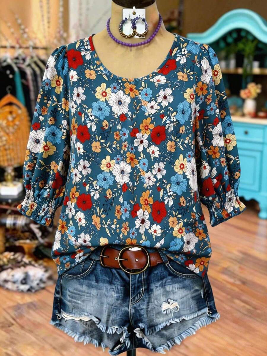 EMERY ROSE Plus Size Women Casual Comfortable Random Floral Print Shirt Floral Blouse Women Country Tops For Women Denim Short Sets For Women Western Romper Summer Outfits For Women Plus Spring Tops For Women Casual Blouse For Women Casual Latest Tops For Women - Multicolor - View 1