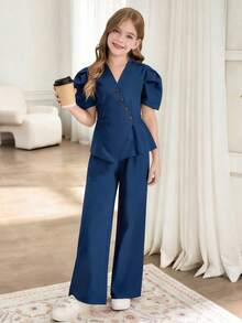 SHEIN 2件套女童花瓣袖西装上衣和直筒阔腿裤套装 - 寶藍色 - 查看 4