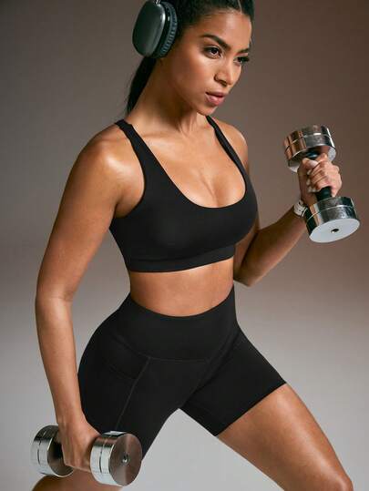Powerista Women's Solid Color Elastic Criss-Cross Back Sports Bra And Shorts Set, Summer