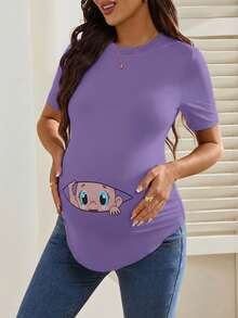 SHEIN Pregnant Women Cartoon Print Round Neck Casual Daily Short Sleeve T-Shirt Maternity T-Shirt Maternity Shirts For Women Pregnant T-Shirt Graphic Baby Tee For Pregnant Outfit - Mauve Purple - View 4