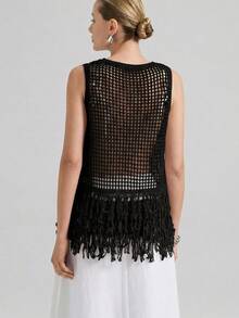 Ontre 2026春夏新款波西米亚风女装，流苏下摆镂空无袖针织背心，亚麻套头针织吊带衫，V领设计度假风女装，乡村音乐节波西米亚风服装 - 黑色 - 查看 6