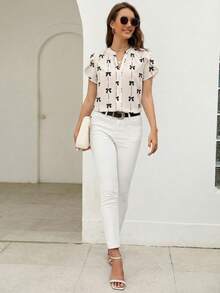 SHEIN Clasi Women's Casual Bow Print Cutout Neck Flare Sleeve Blouse, Summer - Apricot - View 6