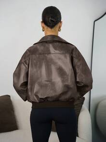 SAYEHFBABY 女士时尚新款仿旧皮夹克，秋季 - 棕色 - 查看 2