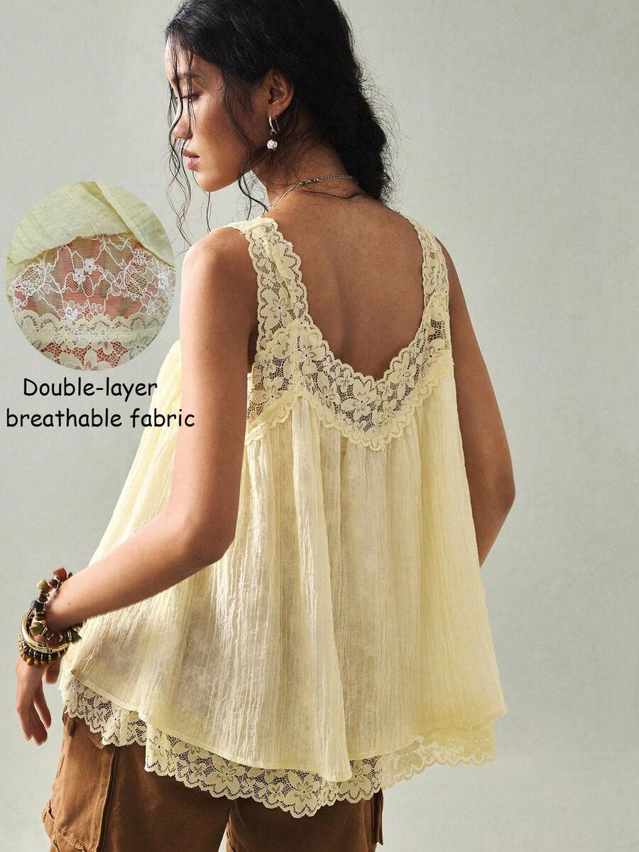 SoleilVie 女士极简休闲蕾丝拼接吊带背心 夏季 夏季穿搭 夏季服装 夏季上衣 女士沙滩装 女士沙滩装 优雅女士衬衫 女士休闲衬衫 女士休闲衬衫 女士度假装 女士夏季度假装 度假装 女士度假装 黄色上衣 黄色上衣 女士波西米亚风上衣 波西米亚风服装 夏季上衣 女士夏季上衣 - 淡黃色 - 查看 1