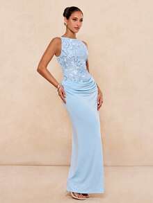 Lumalex 优雅的3D立体花朵串珠无袖连衣裙 - 藍色 - 查看 11