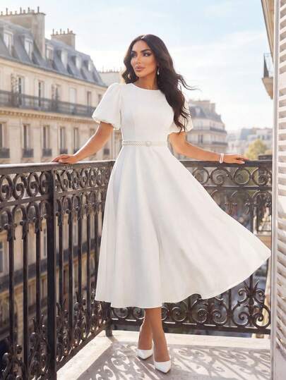 SHEIN Lady 女士优雅纯色泡泡袖连衣裙春夏优雅长袖 A 字裙主教袖白色婚礼情人节酒会大码连衣裙服装舞会礼服秋季女士连衣裙节日连衣裙白色连衣裙希腊女神裙白色毕业礼服