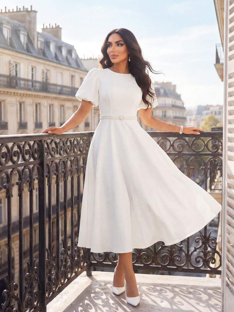 SHEIN Lady 女士优雅纯色泡泡袖连衣裙春夏优雅长袖 A 字裙主教袖白色婚礼情人节酒会大码连衣裙服装舞会礼服秋季女士连衣裙节日连衣裙白色连衣裙希腊女神裙白色毕业礼服