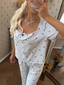 CottageSlumber Women's Plaid Cherry Print Square Neck Cardigan & Pants Pajama Set - Blue - View 6