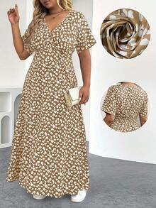EMERY ROSE Gaun Maxi Bohemian Ukuran Plus Motif Bunga Kecil, Gaun Lengan Pendek Polkadot Leher V yang Modis dan Seksi, Gaun Maxi Bohemian - Khaki - View 7