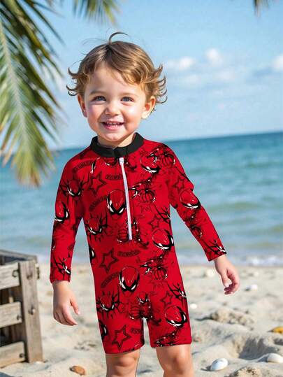 SHEIN Young Boy Casual Slim Fit Round Neck Long Sleeve Swimsuit, Classic Spider Hero Graphic Print, Spider Web Pattern, Suitable For Swimming, Surfing, Summer