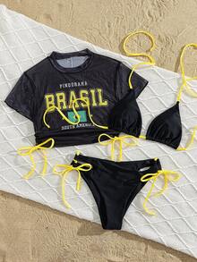 Swim SXY Women Black Summer Cute Brazil Flag Mesh Cover Up 3 Pieces Set,Halter Bikini Top & Hollow Drawstring Bottoms,Beach Party Holiday Hawaii Rave Outfits - Multicolor - View 4