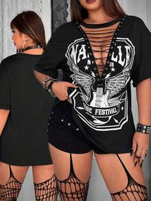 Whyspr Camiseta de manga corta con estampado de guitarra y alas y tirantes cruzados, talla grande para verano - Negro - Ver 1