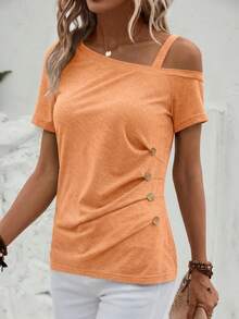 EMERY ROSE Áo thun nữ dáng suông màu trơn, thiết kế bất đối xứng, cài cúc ở eo, thích hợp cho mùa hè. - trái cam - Xem 5