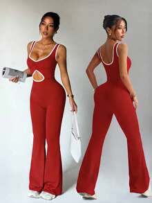 Dewbera 女士黑色连体喇叭裤，适合春夏穿着，正面撞色拼接褶皱镂空设计，高腰U领U型后背，适合休闲、健身、瑜伽、跑步等场合。 - 紅色 - 查看 1