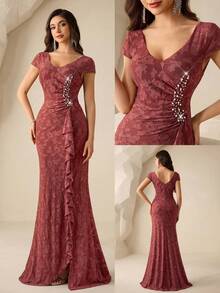 Coutiva Sweetheart Neckline Puff Sleeve Floral Applique Ruffle Hem Elegant Mother Of The Bride Dress Elegant Special Occasion Dress Formal Evening Wear Ladies Evening Gown Luxury Evening Gown Petite Evening Gown Formal Dresses For Ladies Elegant Special Occasion Special Occasion Evening Wear Petite Evening Gowns Elegant Formal Dresses - Rusty Rose - View 1