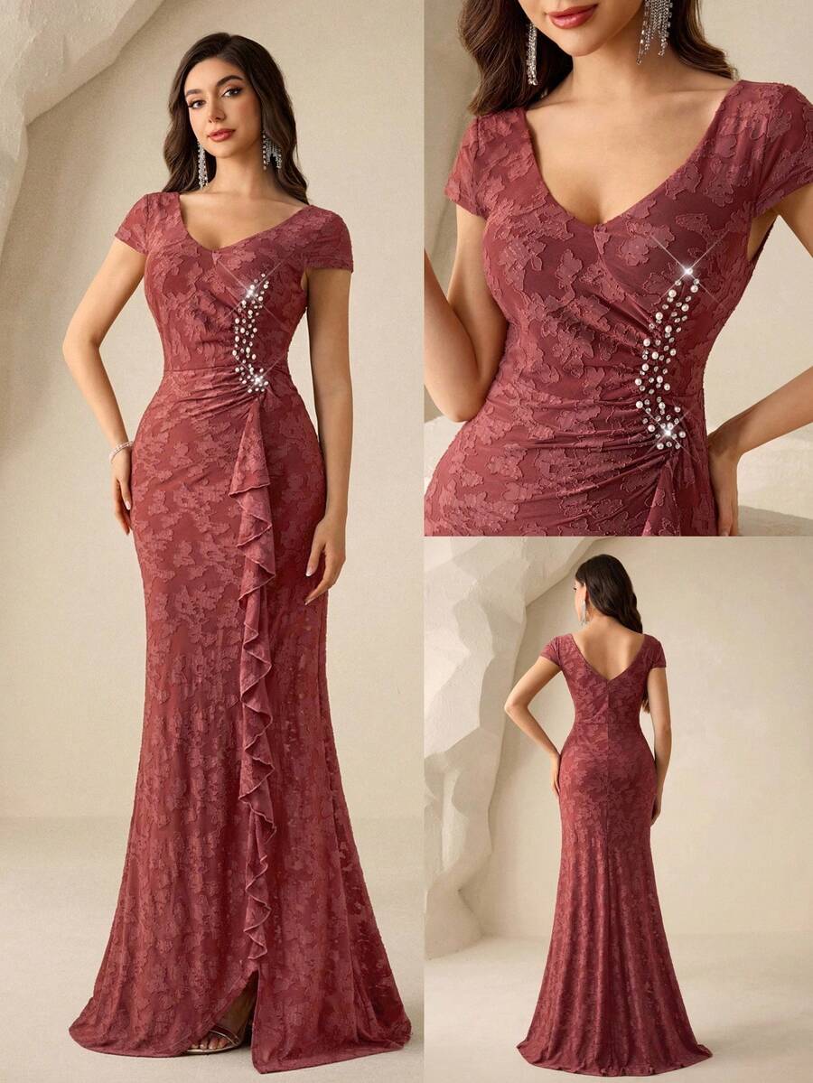 Coutiva Sweetheart Neckline Puff Sleeve Floral Applique Ruffle Hem Elegant Mother Of The Bride Dress Elegant Special Occasion Dress Formal Evening Wear Ladies Evening Gown Luxury Evening Gown Petite Evening Gown Formal Dresses For Ladies Elegant Special Occasion Special Occasion Evening Wear Petite Evening Gowns Elegant Formal Dresses - Rusty Rose - View 1