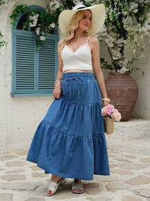 SHEIN Casual Denim Maternity Skirt With Tiered Ruffle Hem, Suitable For Spring And Summer - Blue - View 1