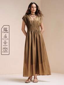 Arave 女士轻盈天丝褶皱A字无袖连衣裙，适合日常通勤 - 棕色 - 查看 5