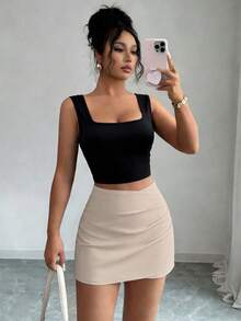 GlowEve Nuevo conjunto: Camiseta de tirantes anchos de cuello cuadrado negro + Falda plisada de línea A de cintura alta, conjunto de moda de verano para mujeres - Multicolor - Ver 2