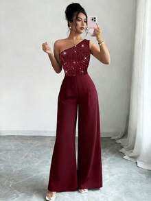 Eryvara Bộ jumpsuit dài ôm eo trễ vai màu đen đính sequin dành cho nữ, có khóa kéo, trang phục dự tiệc gợi cảm, trang phục hộp đêm, trang phục xuân/hè mới, trang phục hẹn hò ngày Valentine, trang phục sinh nhật, trang phục dự tiệc bể bơi, trang phục dạ hội, trang phục đi xem hòa nhạc, đi làm, trang phục dự đám cưới, bộ jumpsuit dài thanh lịch và lãng mạn. - Màu Đỏ Sâu - Xem 3
