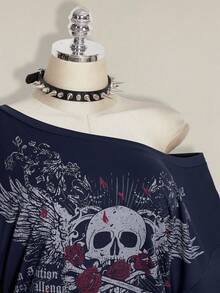 SHEIN ICON Plus Size Women Gothic Punk Pattern Black Loose Asymmetric-Shoulder T-Shirt - Navy Blue - View 7