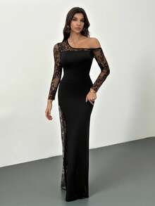 SHEIN Tall Elegant Black Floral Lace Bodycon Long Dress,Autumn Night Out Party Contrast Asymmetric Hem,Long Sleeve Strapless Cocktail Dresses For Women - Black - View 4
