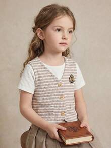 年轻女孩条纹印花纽扣前背心 - 白色 - 查看 4