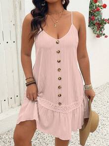 EMERY ROSE Women's Plus Size V-Neck Sleeveless Button Front Ruffle Hem Slip Dress,Dusty Pink,Summer,Boho,Beach Vacation,Holiday Spaghetti Strap Textured Mini - Orange - View 1