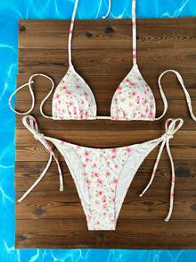 Swim Mod 2026春夏女式黑色底白色波点随机印花甜美可爱侧系带露背比基尼两件套泳衣，碎花泳装两件套泳衣，白色粉色碎花比基尼，适合度假邮轮旅行、海滩日光浴等场合，女士比基尼套装泳装。 - 彩色 - 查看 3