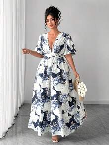 Elenzga Plus Size Women V-Neck Navy Blue & White Floral Print Ruffle Sleeve Summer Elegant Wedding Guest Casual Maxi Wrap Dress For Parties,Graduation,Dates - Navy Blue - View 7