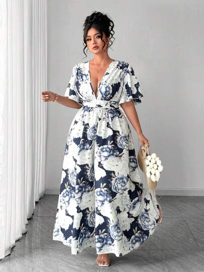 Elenzga Plus Size Women's V-Neck Blue & White Floral Print Ruffle Sleeve Casual Maxi Dress, Suitable For Graduation, Holidays, Valentine's Day, Music Festivals, Mother's Day, Halloween, Thanksgiving, Easter, National Day, Dances, Dates, Parties, Weddings, Outdoor Activities Wrap Dresses For Women Maxi Floral Dress Floral Gown Floral Wedding Guest Dresses