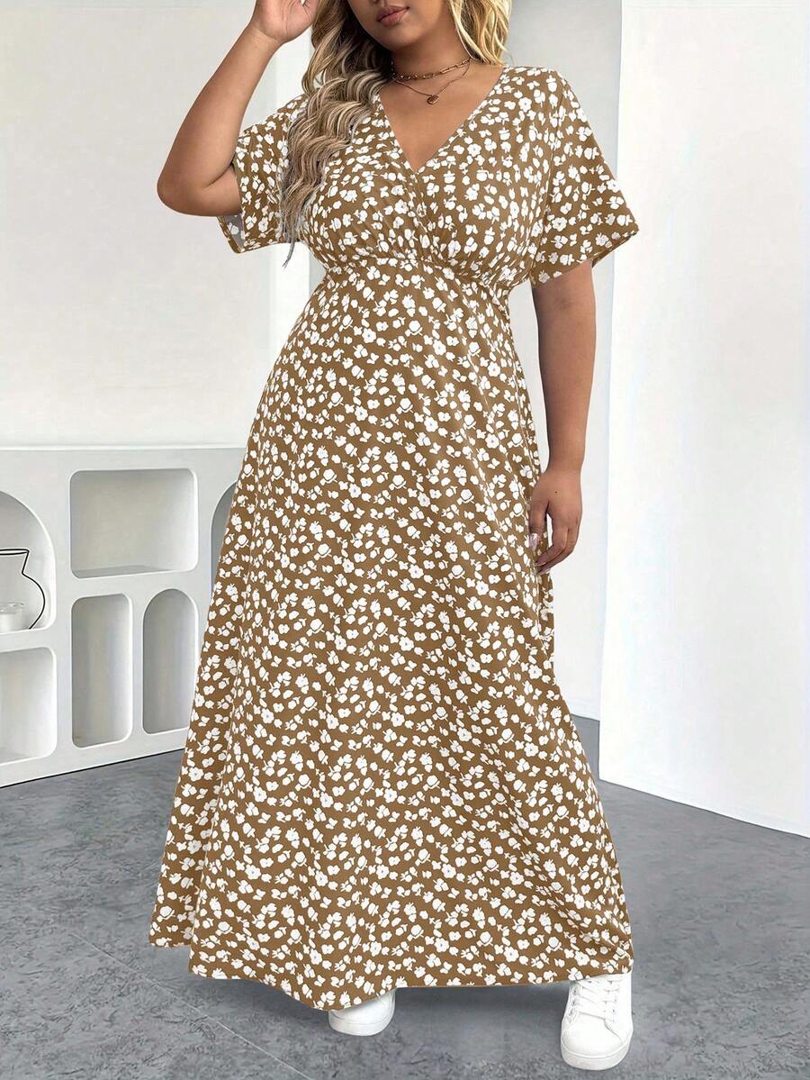 EMERY ROSE Gaun Maxi Bohemian Ukuran Plus Motif Bunga Kecil, Gaun Lengan Pendek Polkadot Leher V yang Modis dan Seksi, Gaun Maxi Bohemian - Khaki - View 1