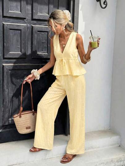 Serisse Bộ đồ 2 món dành cho nữ, kiểu dáng thường ngày, gồm áo tank top và quần dài kẻ sọc, thích hợp cho kỳ nghỉ.