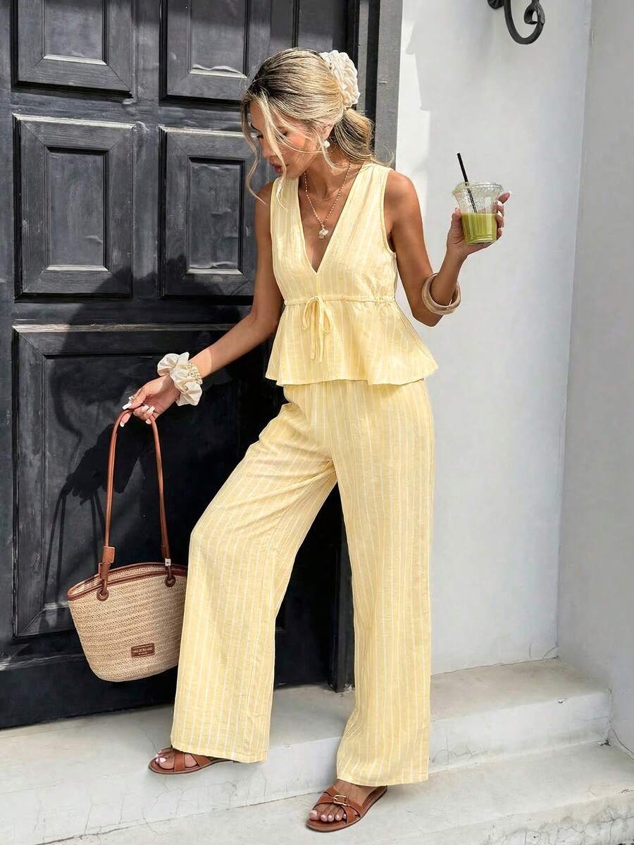 Serisse Bộ đồ 2 món dành cho nữ, kiểu dáng thường ngày, gồm áo tank top và quần dài kẻ sọc, thích hợp cho kỳ nghỉ. - Vàng nhạt - Xem 1