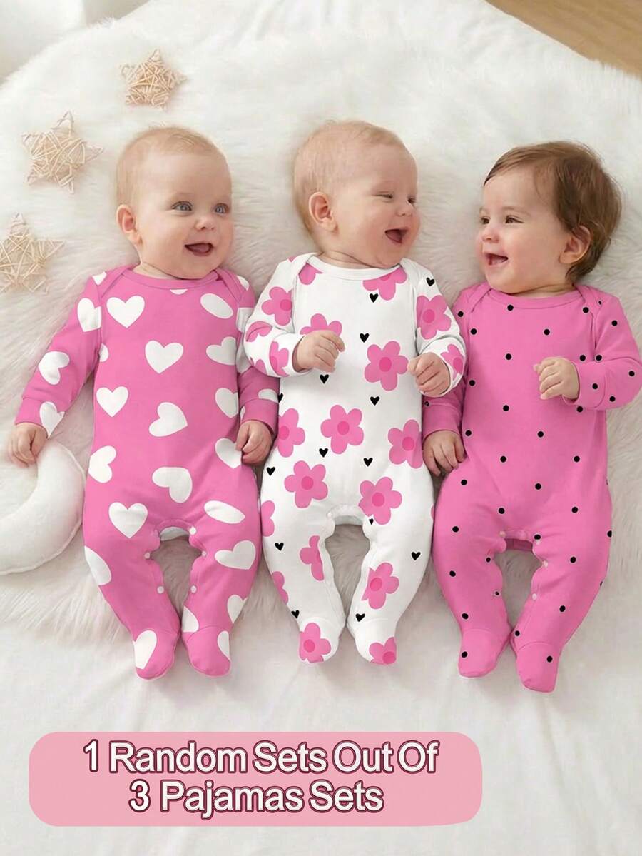 SHEIN [Random 3 Sets, Send 1 Set] Cute Heart All-Over Print, Artistic Floral Print, Fuchsia Polka Dot Print, Newborn Footie Pajamas, Comfortable And Convenient, Spring/Summer Soft Casual Sleepwear Set, Makes Baby Look Adorable And Lively, Soft And Comfortable Fabric - Multicolor - View 1