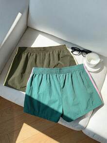 Comfortcana 2pcs Women's Contrast Color Woven Shorts, Summer - Army Green - View 2