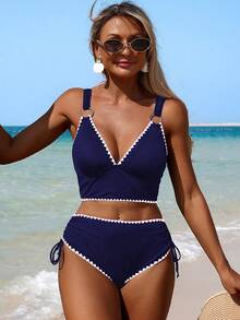Swim Lushoire Bộ bikini nữ mùa hè, kiểu dáng thường ngày, chất liệu vải dệt họa tiết, phối màu tương phản, móc len, có khoen kim loại, cạp cao, quần short và áo hai dây. - Màu xanh hải quân - Xem 4