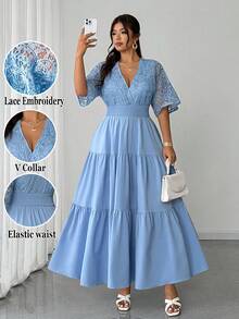 Elenzga 大码女式撞色蕾丝半袖系带优雅连衣裙 - 藍色 - 查看 3