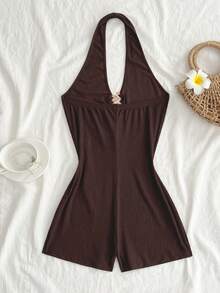 Flirla Women's Minimalist Bandage Textured Sexy Sheer Dark Brown Vacation Seashell Metal Decor Jumpsuit, Spring/Summer - Coffee Brown - View 2
