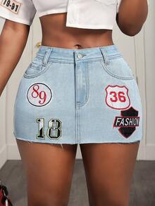 BamGleam 女士数码贴袋紧身性感牛仔迷你裙 - 淺色水洗藍 - 查看 7