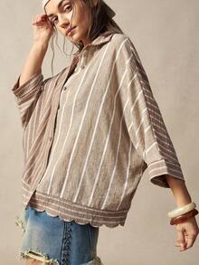 Bohemela Casual Woven Striped Patchwork Loose Fit Women's Shirt - Khaki - View 3