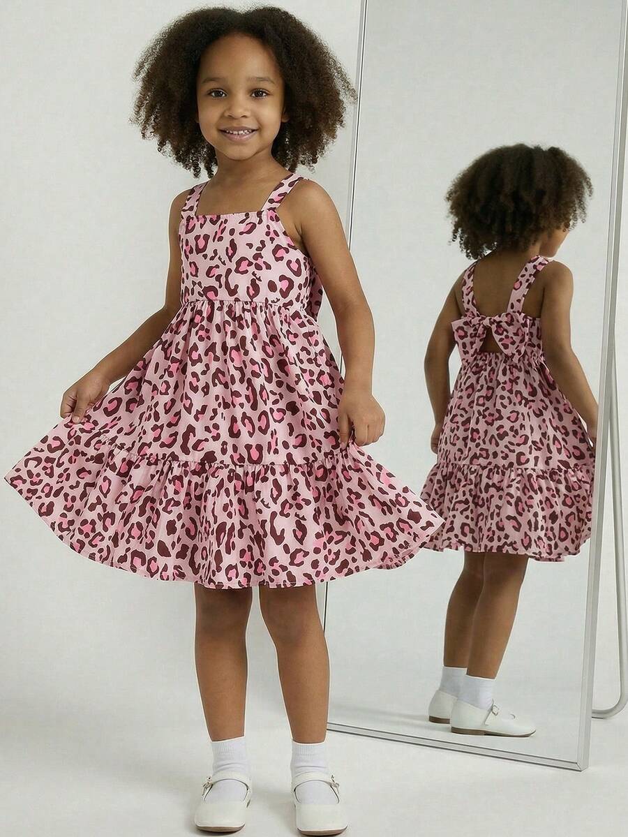 Maija Kids Maija Kids 1 chiếc đầm không tay in họa tiết da báo màu hồng, kiểu dáng thanh lịch, thoải mái, thích hợp cho bé gái mặc hàng ngày, đi học, dã ngoại, họp mặt, lễ hội, mùa xuân và mùa hè. - Hồng - Xem 1