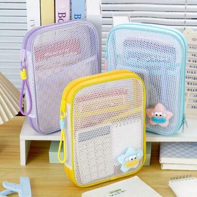 A4/A5 Transparent Mesh Document Bags, Double-Ended Zippers Dopamine Color Ticket Organizer Large-Capacity Pencil Case, Cosmetic Organizer Travel Organizer, Suitable For Storing Documents Stationery Cosmetics Data Cables Toiletries. Three Colors Available.