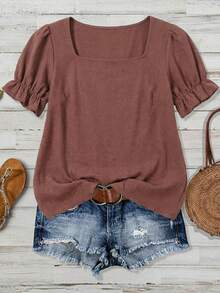 SHEIN VCAY Plus Size Solid Color Square Neck Casual Versatile Short Sleeve Shirt, Summer - Coffee Brown - View 1