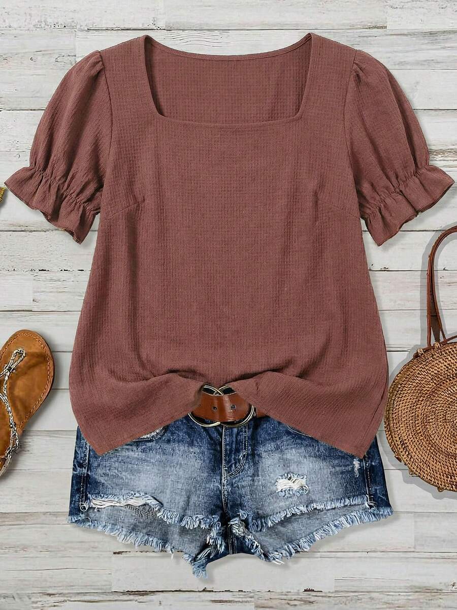 SHEIN VCAY Plus Size Solid Color Square Neck Casual Versatile Short Sleeve Shirt, Summer - Coffee Brown - View 1
